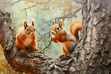 Two beautiful squirrels on a tree in the forest. Beautiful squirrel. Animals in the forest. Generative AI.