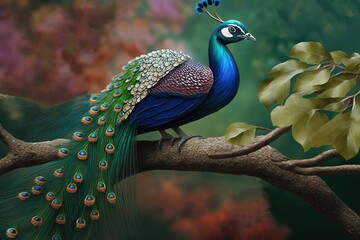 Wall Mural - A beautiful peacock rests on a branch of greenery. Generative AI