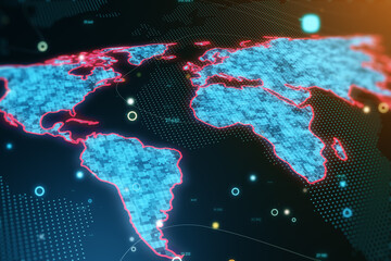 Poster - Global communication network and data exchange concept with perspective top view on blue glowing pixel world map with red contour on dark technological background with data visualization. 3D rendering