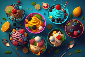 Sticker - Bowls of brightly colored desserts sit above a blue tablecloth. Generative AI