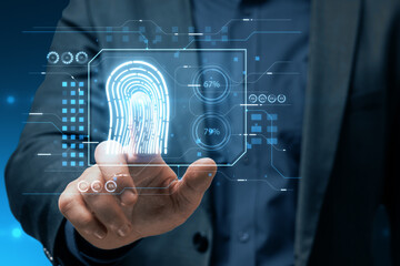 Aufkleber - Internet security and biometric identification concept with man hand on hologram touch screen with digital fingerprint and private information indicators background