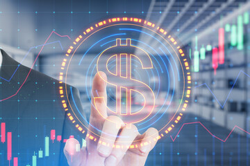 Aufkleber - Close up of businessman hand pointing at digital round dollar sign on blurry office interior background. Online banking, cryptocurrency and finance concept. Double exposure.