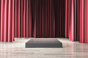 Aufkleber - Advertising and marketing concept with front view on blank dark square stage with place for product presentation on wooden floor and red backstage background. 3D rendering, mock up
