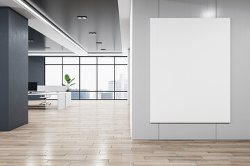 Wall Mural - Front view of blank white isolated poster on a grey wall at the entrance to the modern office interior with wooden floor and window with city view. 3D Rendering, mockup, template background