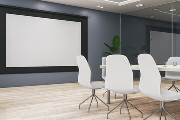 Poster - Clean luxury meeting room interior with furniture, wooden flooring and decoration plant. Mock up place on white screen banner. 3D Rendering.