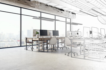 Poster - Office interior design project sketch. 3D Rendering