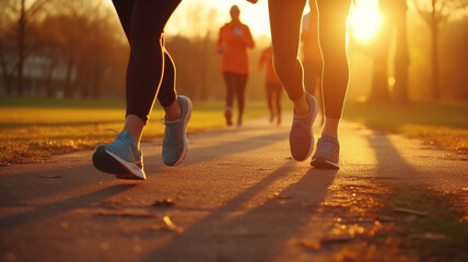 Wall Mural - runner group running on sunrise in park in autum, AI generative