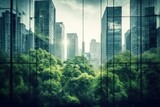 Double exposure of lush green forest and modern skyscrapers windows of building. Green city concept.