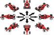 Rotation of racing car by 45 degrees. Red sport car with pilot in different angles in isometric view.