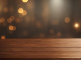 Wooden brown table on blurred background with bokeh. AI generated