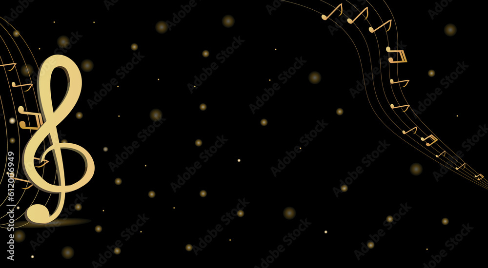 Musical Clef Note Background Musical background with clef and notes and 3D effects in gold tone on ...