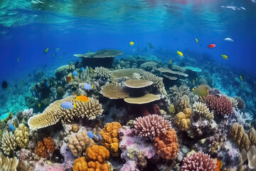 underwater coral reef landscape background in the deep blue Maldives ocean, AI