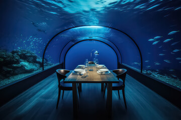 underwater restaurant interior in maldives , AI