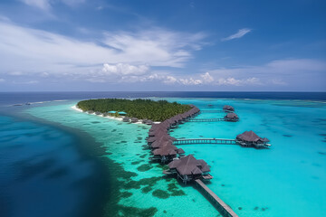 Wall Mural - Aerial view of a tropical island in Maldive island. Luxurious over water villas on tropical resort, AI
