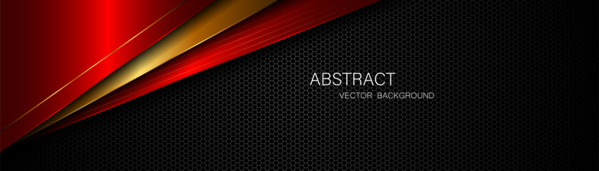Abstract red and gold polygon with golden lines on dark steel mesh background with empty space for design. modern technology innovation concept background
