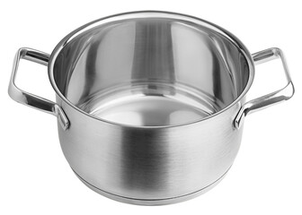 Stainless steel cooking pot, isolated on white background, full depth of field