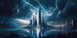 Destructive and powerful thunder storm strike metropolis city with thunderbolt. superlative generative AI image.