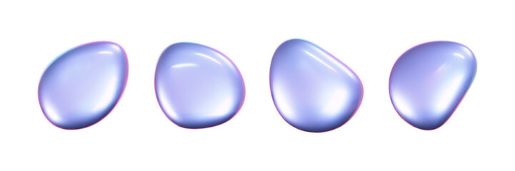 Wall Mural - 3d holographic liquid shape, iridescent chrome fluid bubble set isolated on white background. render