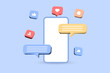 © icons gate - Mobile phone with message chat and heart in 3d speech bubble icon. social media background, notification icons ; thumbs up icon, like, love, comment, share, follower icon button. vector illustration