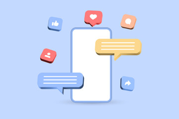 Wall Mural - Mobile phone with message chat and heart in 3d speech bubble icon. social media background, notification icons ; thumbs up icon, like, love, comment, share, follower icon button. vector illustration