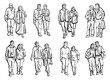 Walking people. Persons in casual clothes, romantic couples, crowd walks in city. Outline drawing for coloring