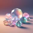 Composition of diamond crystals, frosted plastic spheres, shining iridescent colors. Generative AI