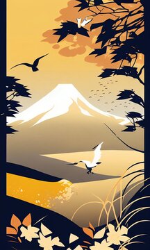 Wall Mural -  - Japanese traditional ukiyo-e Twilight of Mt. Fuji in the mountains Subdued colors Abstract, elegant and modern illustration generated by AI