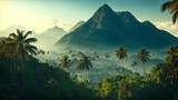 Fototapeta Do pokoju - Mysterious jungle, palm trees and mountains at the top of hill with a mountain range around it, generative ai