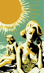 Retro and print-like Two women exposed to the hot sun Cheerful color scheme Abstract, elegant and modern AI-generated illustration