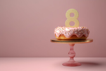 Birthday cake on a 8 years decorated with colorful sweets, topper number eight. Copy space. Generative AI