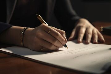 Business, law concept. Close-up human hands view of businesswoman signing documents. Model with formal classic clothing. Dark background with copy space. Generative AI