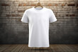 Blank white t-shirt mockup against rustic brick wall background. Generative AI