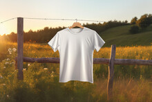 Blank White T-Shirt Mock-up Amidst A Peaceful Countryside Background, With Soft, Golden-hour Lighting, Flowers And A Rustic Fence Around The T-shirt. Generative AI