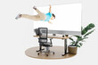 © Imillian - businessman floating in air gets sucked into giant pc display; surreal stress immersion and virtual reality concept; isolated desk on infinite background; 3D Illustration