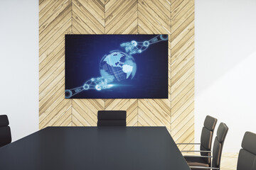 Aufkleber - Robotics technology and world map hologram on presentation tv screen in a modern meeting room. Research and development software concept. 3D Rendering