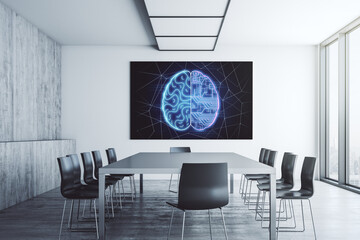Aufkleber - Creative human brain microcircuit on presentation monitor in a modern boardroom. Future technology and AI concept. 3D Rendering
