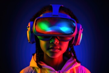 Canvas Print - Portrait of African-American child wearing virtual reality headset. Vivid colors and neon glowing HMD on girls' face.Generated with AI