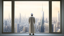 Arab Businessman In Traditional Clothing Stands In His Office Against A Backdrop Of Skyscrapers. Back View.Created With Generative AI Technology.