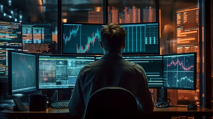 Stock Trader Man Using Multiple Monitors while working at night. Back view.Created with Generative AI technology.