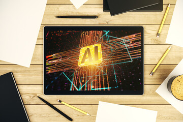 Aufkleber - Top view of modern digital tablet monitor with creative artificial Intelligence icon. Neural networks and machine learning concept. 3D Rendering