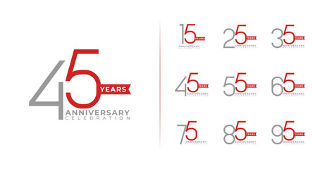 Set of simple anniversary logo. 15, 25, 35, 45, 55, 65, 75, 85, 95, birthday symbol collections with minimal and elegant concept