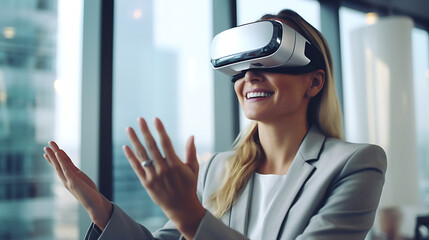 Young businesswoman wearing virtual reality glasses while having a virtual meeting. Created with Generative AI technology.