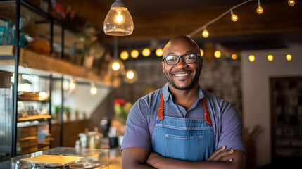 Poster - Successful african american business owner standing with crossed arms with his trendy cafe in background. Сreated with Generative AI technology.