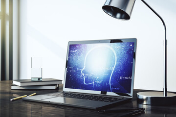 Poster - Creative artificial Intelligence concept with human head hologram on modern laptop screen. 3D Rendering