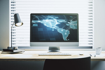 Leinwandbilder - Abstract digital world map with connections on modern computer monitor, big data and blockchain concept. 3D Rendering