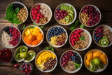 Fototapeta Kuchnia - colorful variety of healthy food bowls arranged on a wooden table, generative AI