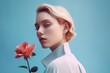 © MiraCle72 - Young woman with flower on pastel blue background, created with generative AI