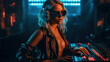 © Syntetic Dreams - Dj girl in action, Sexy Young Blonde Woman Disc Jockey night club, neon lights. in bra and sunglasses playing music. Headphones and dj mixer on table. Colorful dance party nightlife background.