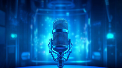 Podcast microphone on a futuristic blue hologram background, indoor studio. Ai generator.