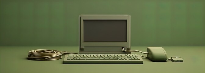 a computer, an iphone and other objects on a desk, in the style of gray and green, made of paperclips, tasteful use of negative space, minimalist backgrounds, generative ai